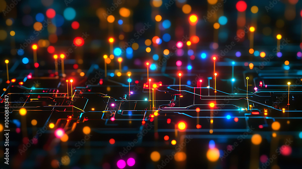 Fototapeta premium Abstract digital circuit board with glowing lights.