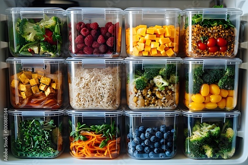 Healthy Lunch Box Variety Organized Refrigerator Filled with Diverse Nutritious Meal Prep Options