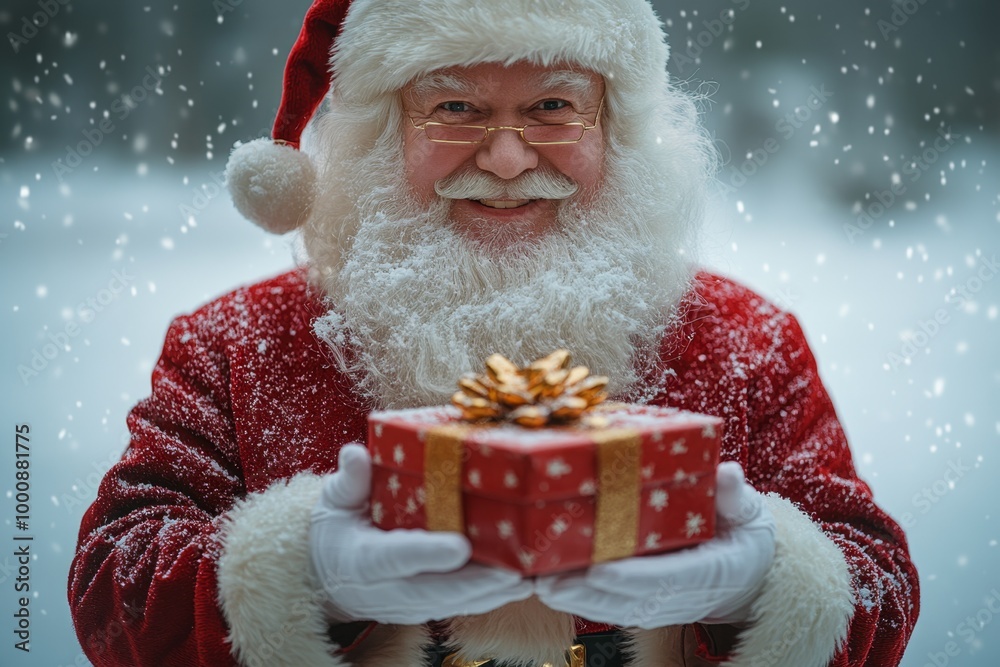 Santa claus holding christmas present smiling in snowy forest Santa claus holding christmas present smiling in snowy forest