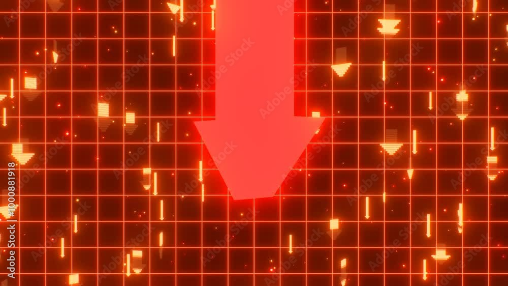 Giant Falling Red Arrow Stock Market Crash Financial Loss 3D Concept - 4K Seamless VJ Loop Motion Background Animation