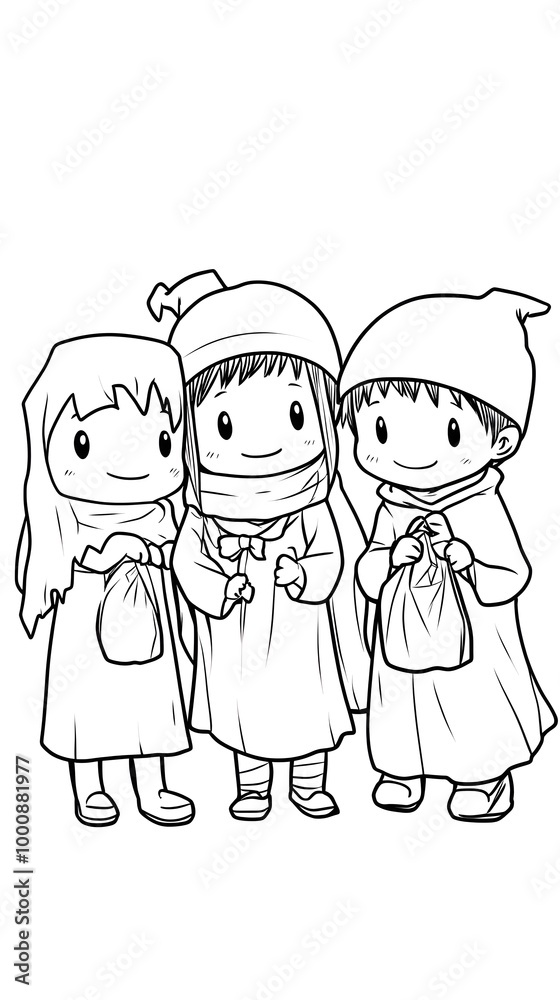 Happy Halloween family with pumpkins in a cartoon style featuring parents and children enjoying the festive season together, celebrating halloween, perfect for a children's coloring book Happy Halloween family with pumpkins in a cartoon style featuring parents and children enjoying the festive season together, celebrating halloween, perfect for a children's coloring book