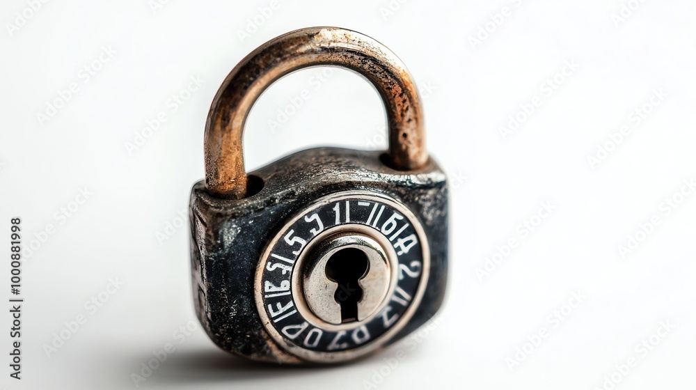 A rusty combination padlock against a white background. A rusty combination padlock against a white background.