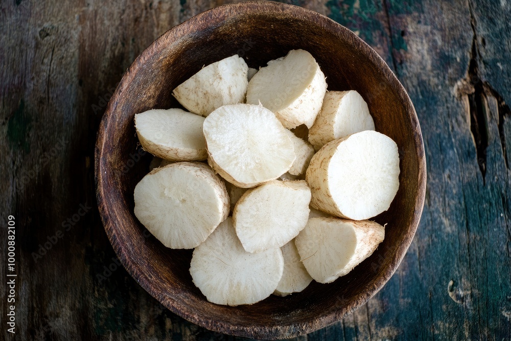 several pieces of raw and chopped cassava, in a bowl on an old teak table - generative ai several pieces of raw and chopped cassava, in a bowl on an old teak table - generative ai