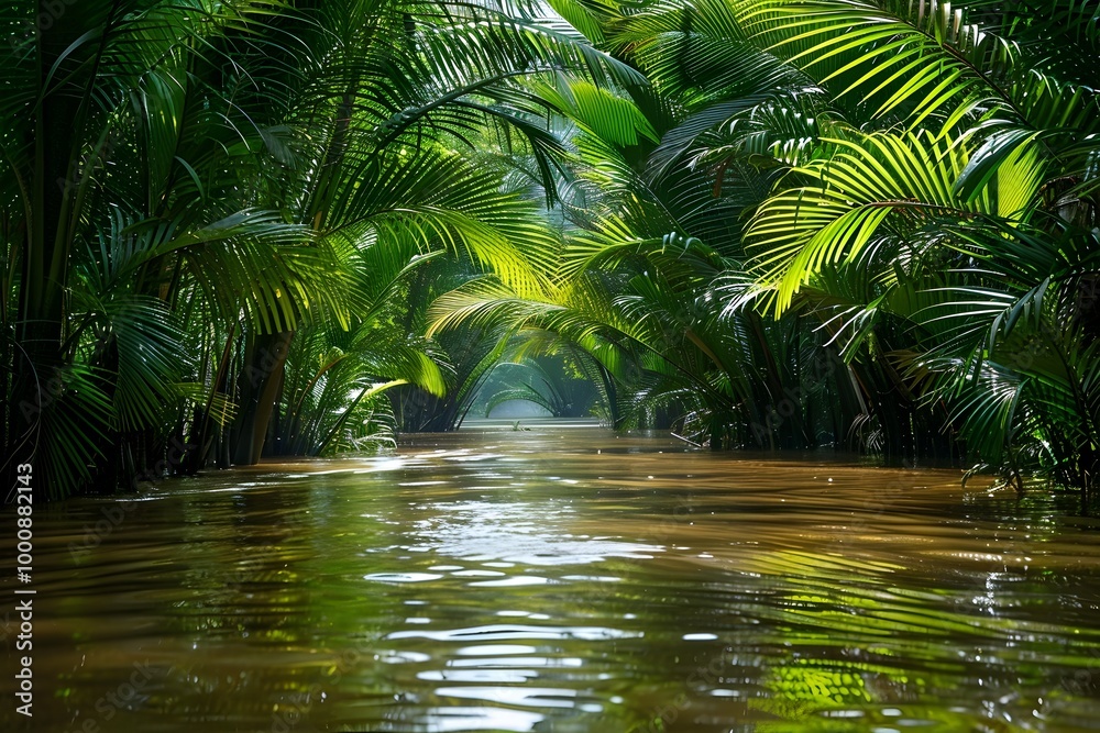 Lush Tropical Waterways of the Mekong Delta with Floating Markets and Vibrant Vegetation Lush Tropical Waterways of the Mekong Delta with Floating Markets and Vibrant Vegetation