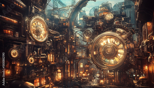 A Victorian-inspired mechanical world with gears, cogs, steam pipes, and brass accents, blending fantasy with machinery