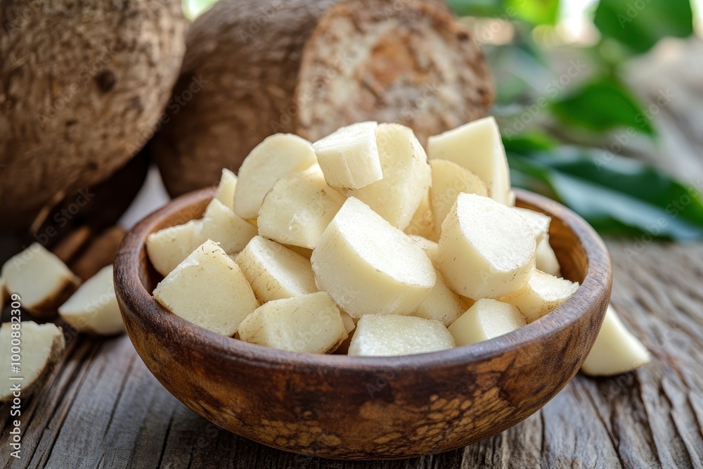 several pieces of raw and chopped cassava, in a bowl on an old teak table - generative ai several pieces of raw and chopped cassava, in a bowl on an old teak table - generative ai