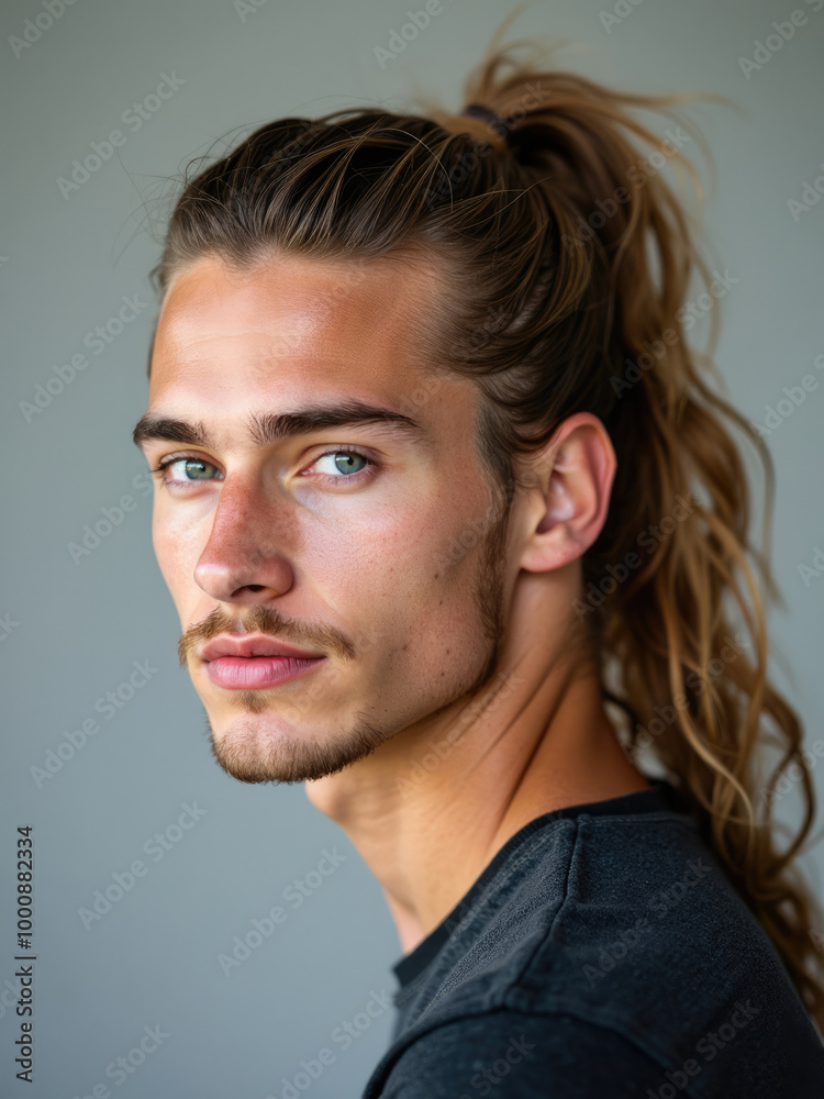 Obraz premium A thoughtful portrait of a young man with long, sandy blonde hair tied in a ponytail, gazing sidelong with calm intensity. His sharp features are highlighted by the simple background.