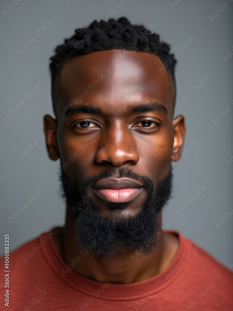 Obraz premium A close-up portrait showing a man with short curly hair and beard, wearing a red shirt with a serious expression. Background is soft grey, focusing on the subject's face.