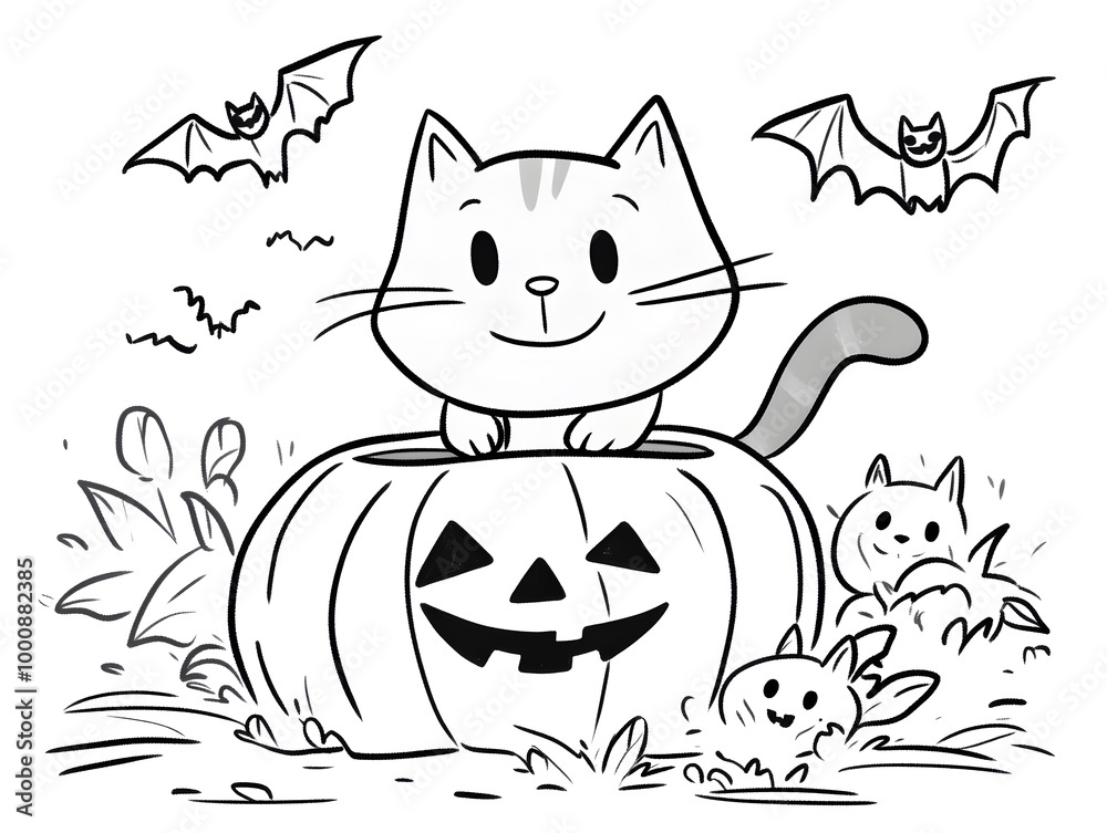 Fototapeta premium Cute halloween cat and pumpkin, perfect for a children's coloring book