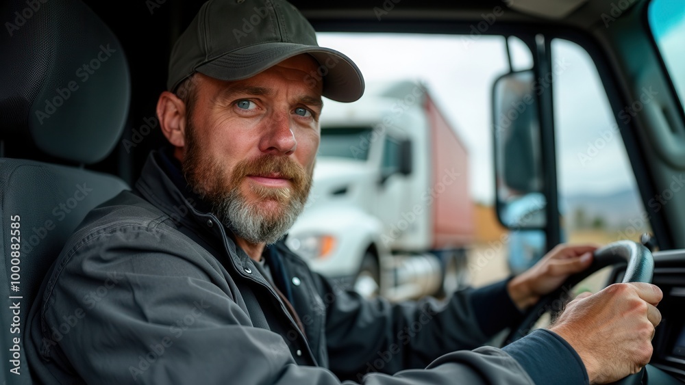 Focused truck driver at the wheel, embodying determination and resilience, illustrating the critical role of trucking in logistics and transportation industries across vast distances. Focused truck driver at the wheel, embodying determination and resilience, illustrating the critical role of trucking in logistics and transportation industries across vast distances.