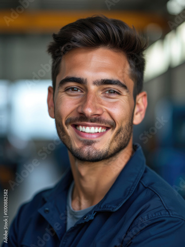 A man is seen smiling in his work attire inside an automotive workshop, surrounded by various tools. His cheerful demeanor suggests job satisfaction and professionalism in his occupation.