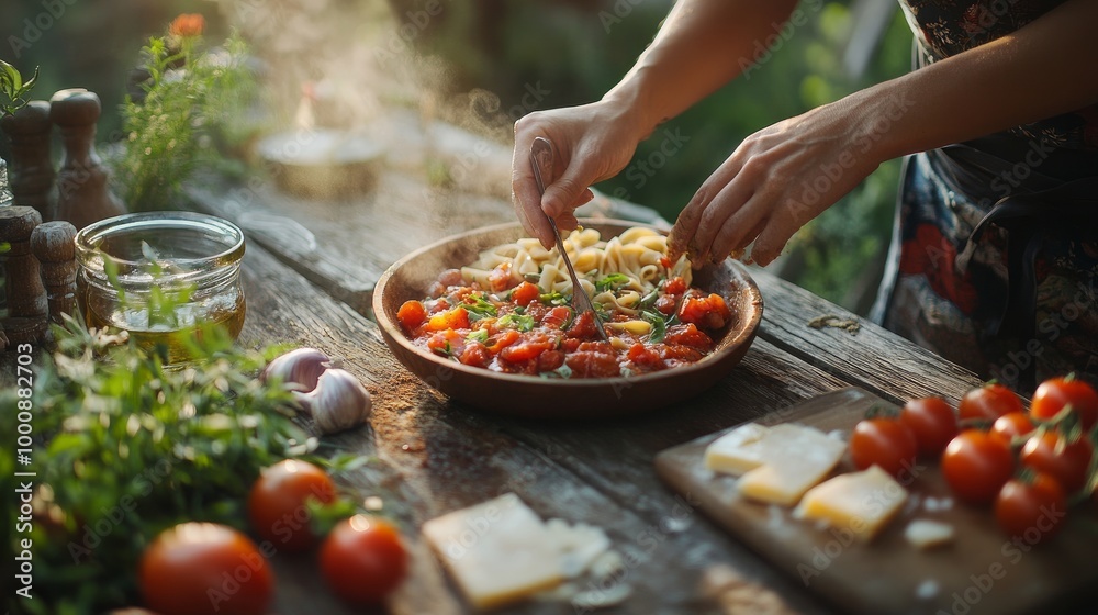 Over an antique wooden table, a woman prepares homemade pasta with cheese and tomato sauce. Tomato, olive oil, cheese, herbs, spices, and tomato sauce under the summer sun on a worn wooden table. Over an antique wooden table, a woman prepares homemade pasta with cheese and tomato sauce. Tomato, olive oil, cheese, herbs, spices, and tomato sauce under the summer sun on a worn wooden table.