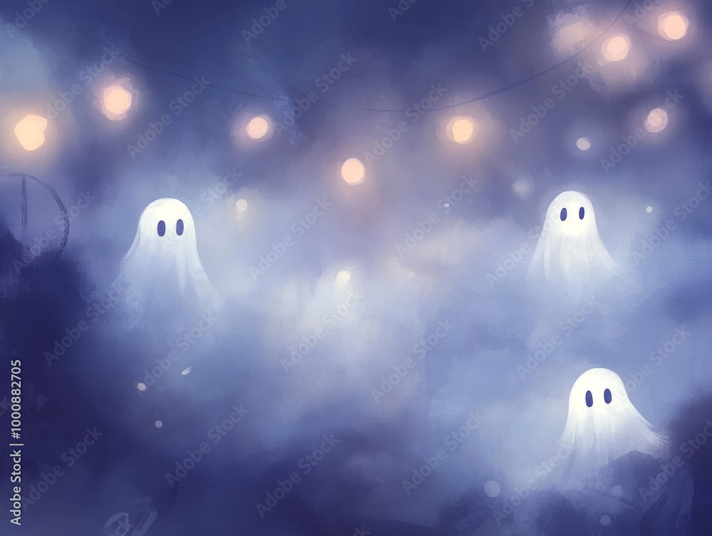 2408 57.A spooky Halloween illustration with a blurred, foggy background and soft bokeh lights, setting a mysterious tone. The design has a ghostly atmosphere, with the soft focus creating an 2408 57.A spooky Halloween illustration with a blurred, foggy background and soft bokeh lights, setting a mysterious tone. The design has a ghostly atmosphere, with the soft focus creating an
