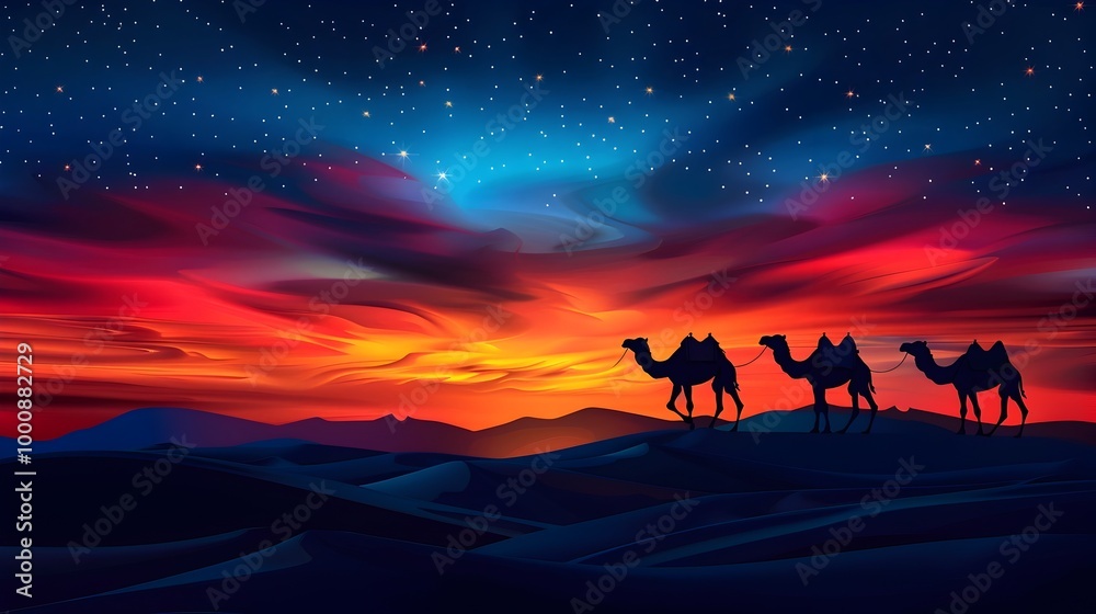 Mesmerizing Sahara Sunset with Camel Silhouettes in Dramatic Landscape Mesmerizing Sahara Sunset with Camel Silhouettes in Dramatic Landscape