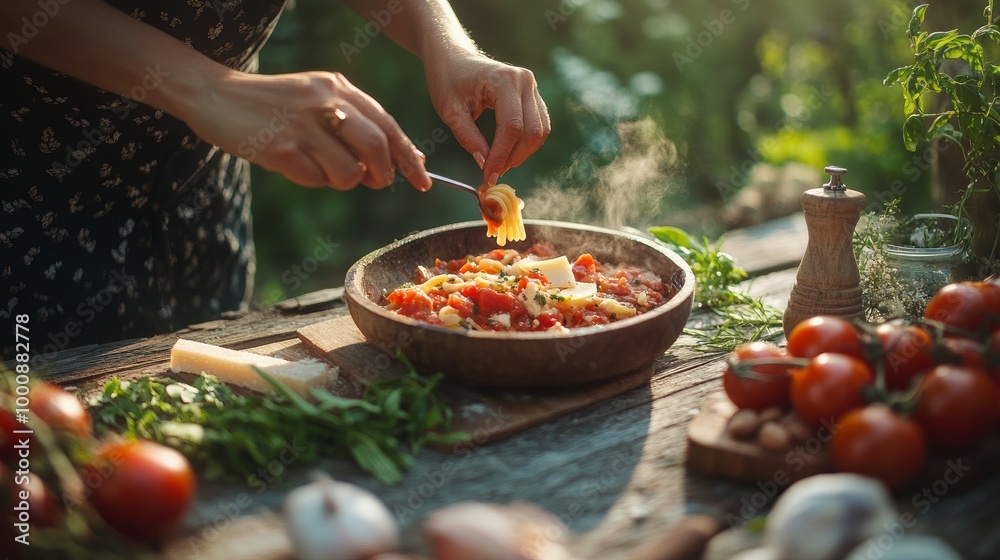 Over an antique wooden table, a woman prepares homemade pasta with cheese and tomato sauce. Tomato, olive oil, cheese, herbs, spices, and tomato sauce under the summer sun on a worn wooden table. Over an antique wooden table, a woman prepares homemade pasta with cheese and tomato sauce. Tomato, olive oil, cheese, herbs, spices, and tomato sauce under the summer sun on a worn wooden table.