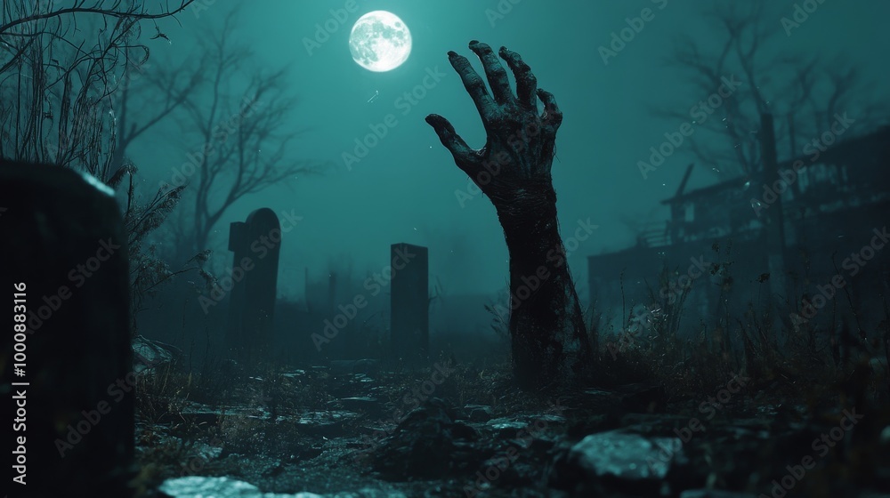 2408 61.A terrifying Halloween scene with a decaying zombie hand rising from the ground in a dark, foggy graveyard. The moonlight casts eerie shadows, and the hand is covered in dirt and grime,
