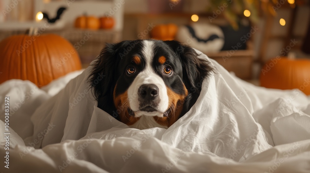 Obraz premium 2408 66.A playful Halloween scene featuring a Bernese mountain dog dressed as a ghost, its large, friendly eyes peeking out from a white sheet. The background is festive, with Halloween decorations