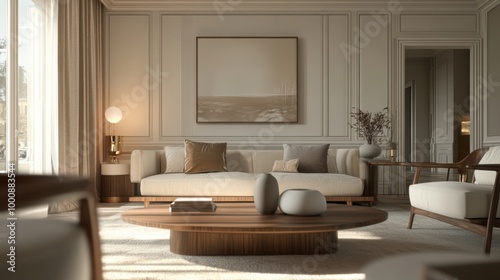 Mock up frame in a luxurious living room with polished wooden furniture and neutral accents, 3D render 