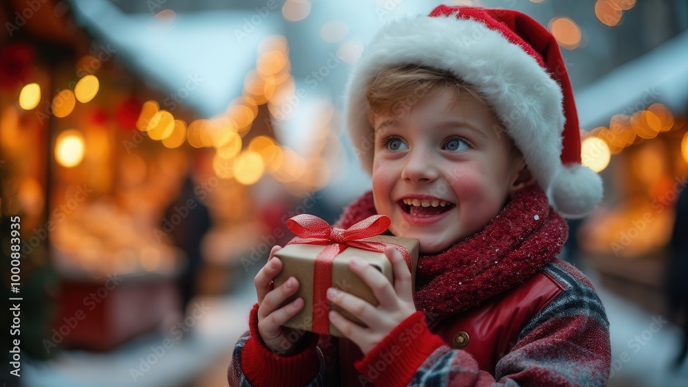 A joyful child faces camera with a broad smile, wearing a Santa hat and holding a wrapped gift at a bustling holiday market, conveying delight and seasonal magic. Festive wonder is everywhere. A joyful child faces camera with a broad smile, wearing a Santa hat and holding a wrapped gift at a bustling holiday market, conveying delight and seasonal magic. Festive wonder is everywhere.