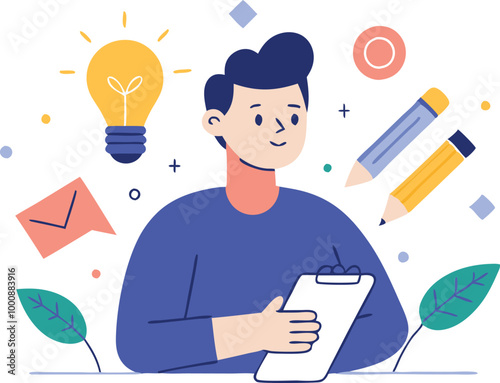 Man taking notes with creative ideas around, symbolizing brainstorming and planning