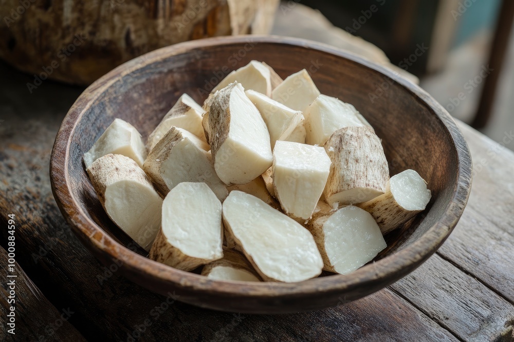 several pieces of raw and chopped cassava, in a bowl on an old teak table - generative ai several pieces of raw and chopped cassava, in a bowl on an old teak table - generative ai