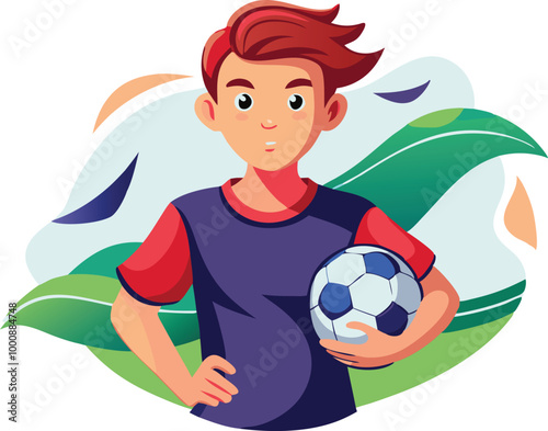 Boy holding a soccer ball, symbolizing sports, teamwork, and athleticism in vector illustration