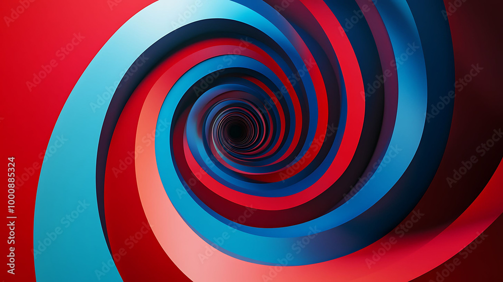 Fototapeta premium Abstract 3D spiral of red and blue geometric shapes leading to a black hole.