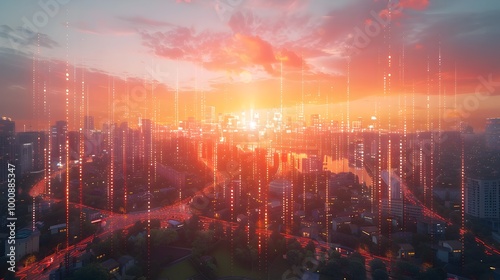 Sunset Over Smart City Skyline with Advanced Cellular Towers and Connected Devices