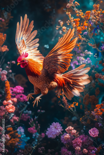 A rooster flying through a field of flowers