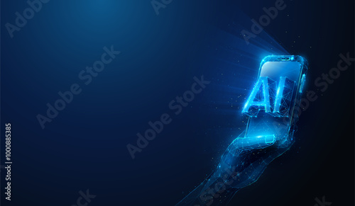 Abstract illustration of ai powered smartphone in hand in low poly style. Blue geometric background depicting artificial intelligence computing devices and smart phones concept by wireframe mesh