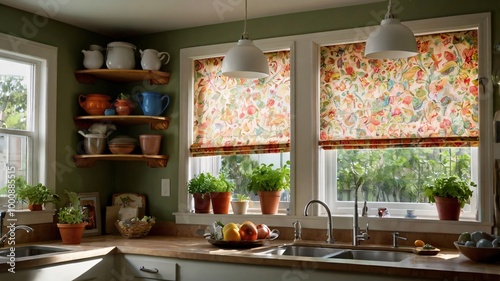 A kitchen window adorned with colorful Roman shades, surrounded by fresh herbs in pots