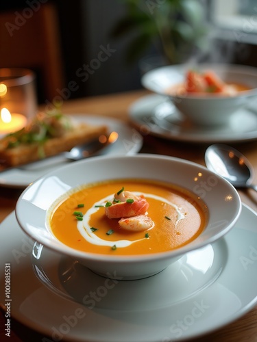 A sumptuous seafood bisque garnished with herbs served in a pristine white bowl, placed on an elegant dining table with carefully arranged cutlery and ambient dining atmosphere, highlighting fine dini