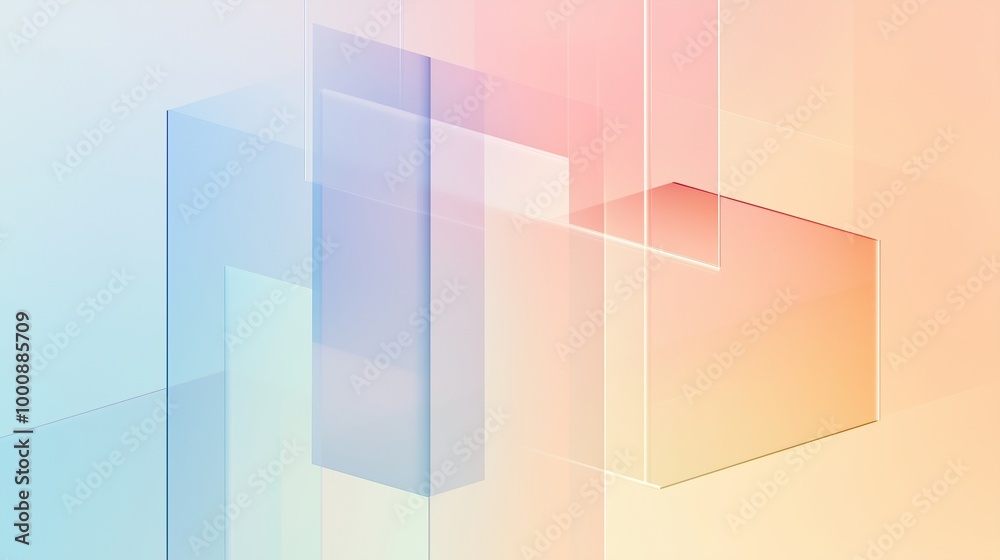 Fototapeta premium A smooth gradient background transitioning from soft peach to light blue. Subtle, transparent geometric shapes float in the background, Use for presentation, slide show, slide for brochure, marketing.
