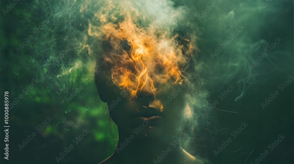Mysterious Woman's Face Covered by Fiery Smoke in Dark Forest, Conceptual Art Mysterious Woman's Face Covered by Fiery Smoke in Dark Forest, Conceptual Art