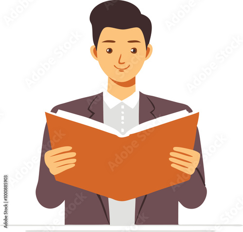 Man reading a book with focus, symbolizing learning, knowledge, and study in vector illustration