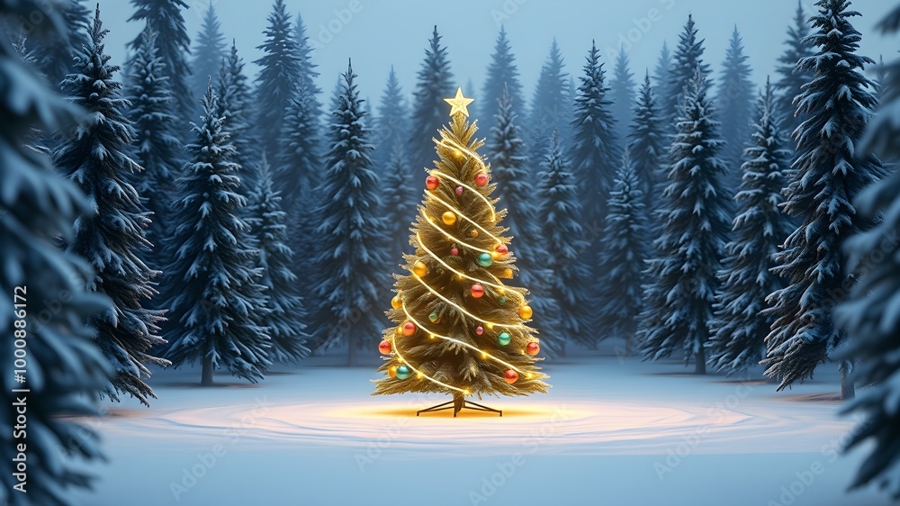 Obraz premium 3D Christmas tree with glowing ornaments in snowy forest