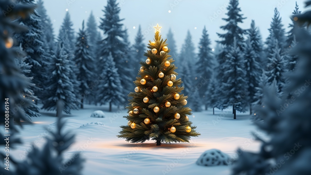 Fototapeta premium 3D Christmas tree with glowing ornaments in snowy forest