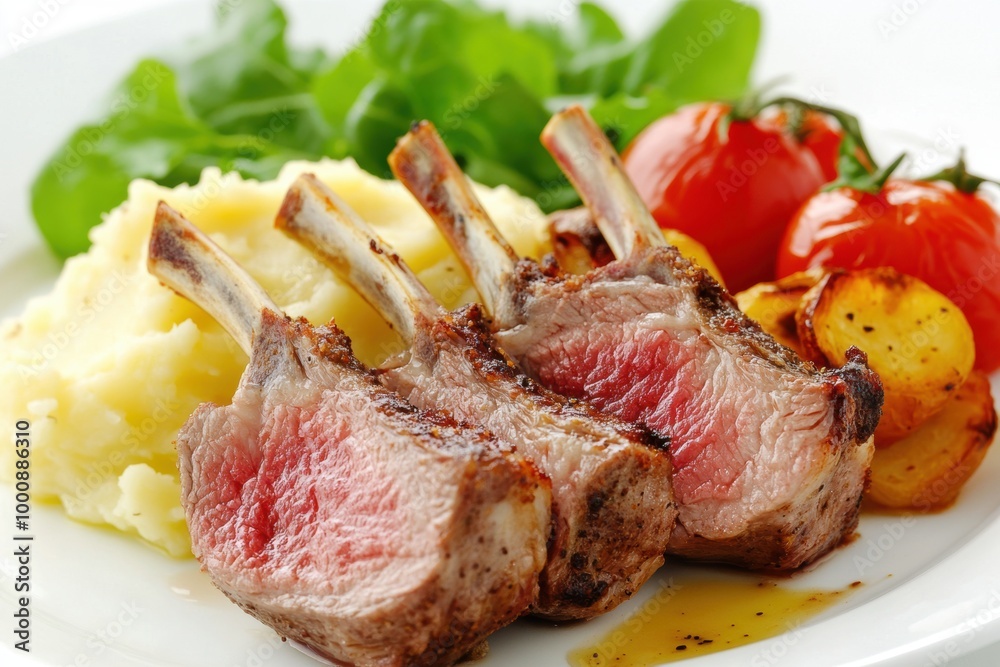 Succulent grilled lamb chops with mashed potatoes roasted tomatoes