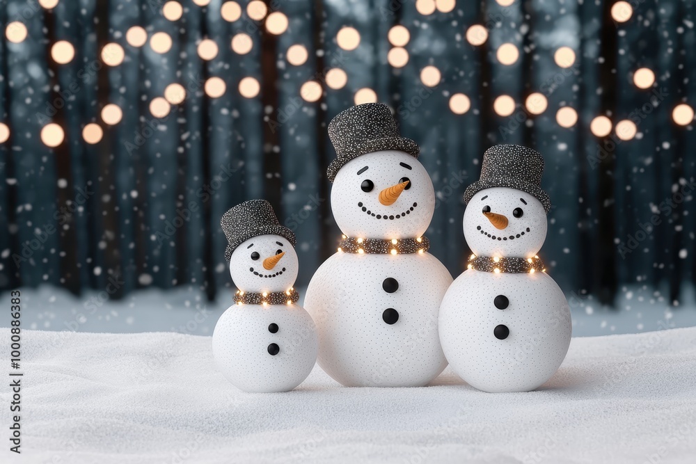 Cheerful snowmen with hats, standing in a snowy landscape, adorned with lights, creating a festive winter atmosphere. Cheerful snowmen with hats, standing in a snowy landscape, adorned with lights, creating a festive winter atmosphere.