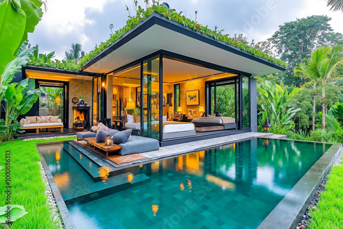 A house with a pool in the middle of a lush green yard