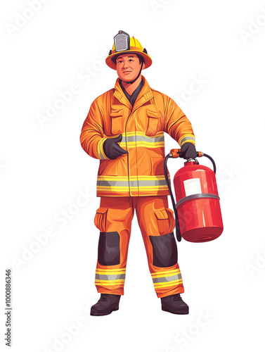 Firefighter holding extinguisher, isolated background