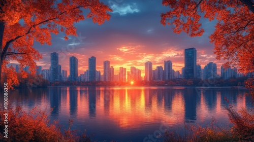 City skyline at sunset surrounded by vibrant autumn colors over water photo