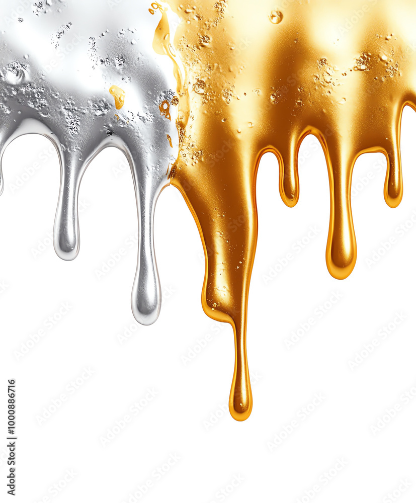 Gold and silver paint drips, white isolate background Gold and silver paint drips, white isolate background