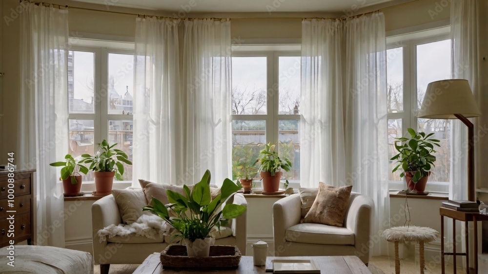 Obraz premium A living room window decorated with sheer white curtains, allowing soft natural light to filter in