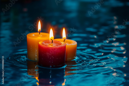 Three burning candles floating in a pool of water photo