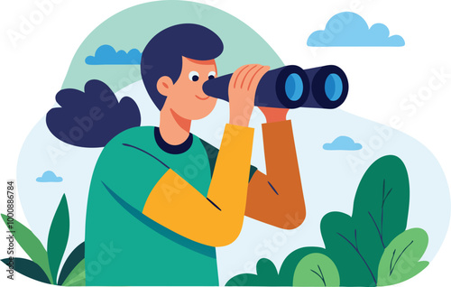 Woman looking through binoculars in a natural setting, symbolizing exploration and curiosity