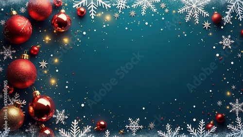 This image features Christmas-themed decorations, including shiny red ornaments and white snowflakes set against a blue background, creating a festive, holiday atmosphere. Ideal for seasonal celebrati photo