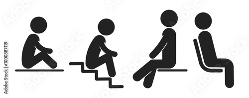Bundle set pictogram sit on floor, on surface, on chair, on stair, graphic design sofee security safety signs