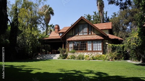 Los Angeles House. Iconic Architecture and Home with Majestic Sky and Lush Garden