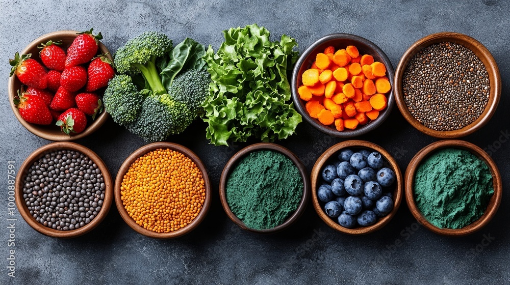 A Colorful Array of Superfoods From Vibrant Berries to Crunchy Seeds, A Rainbow of Nutrients in Bowls A Colorful Array of Superfoods From Vibrant Berries to Crunchy Seeds, A Rainbow of Nutrients in Bowls